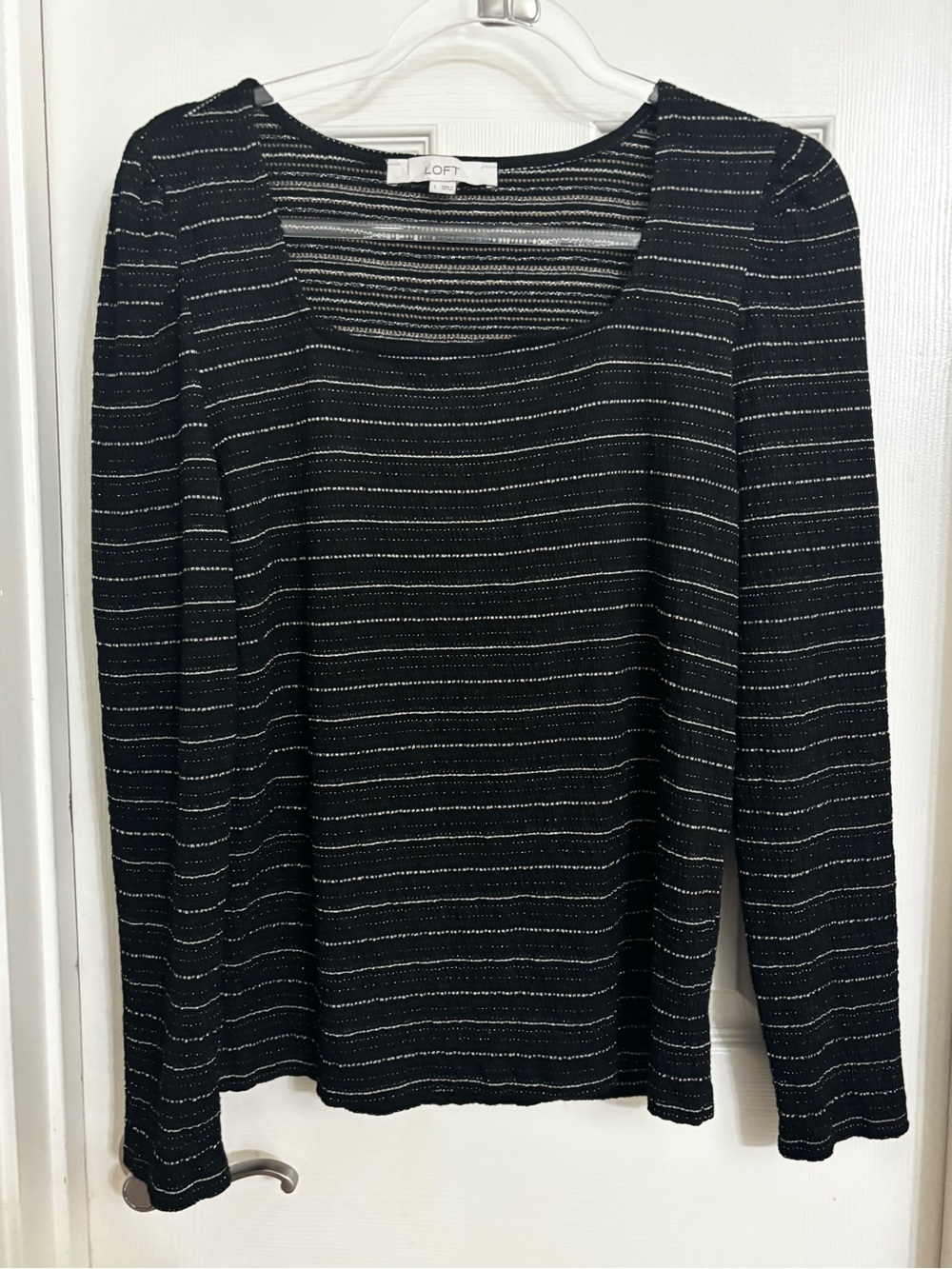 LOFT Black Top with Silver Metallic Stripes - Long Sleeve Scoop Neck